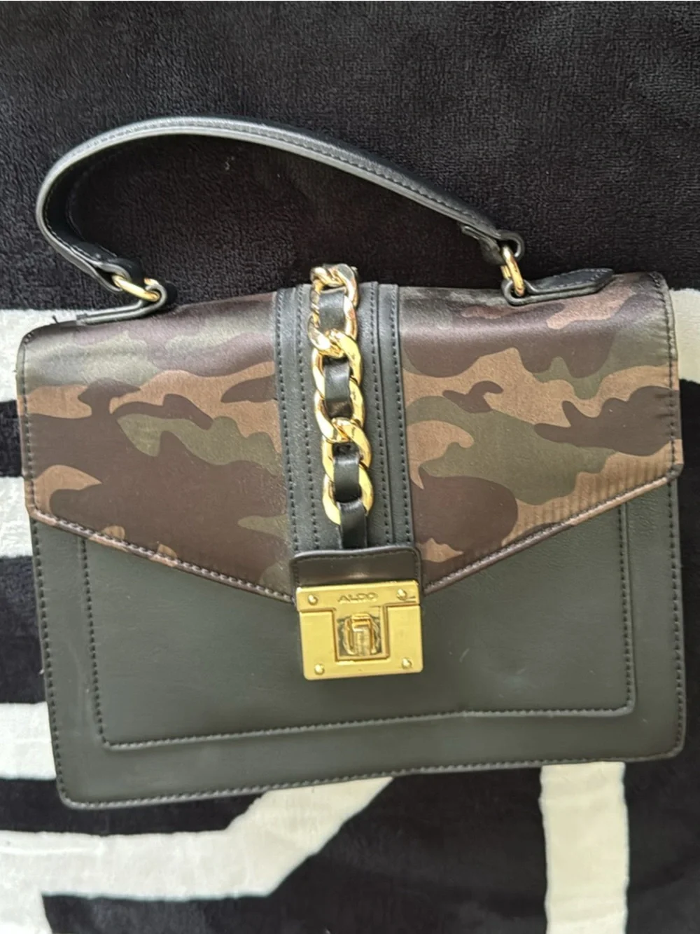 Aldo Olive Green Camouflage Top-Handle Satchel with Gold Hardware - Picture 2 of 4